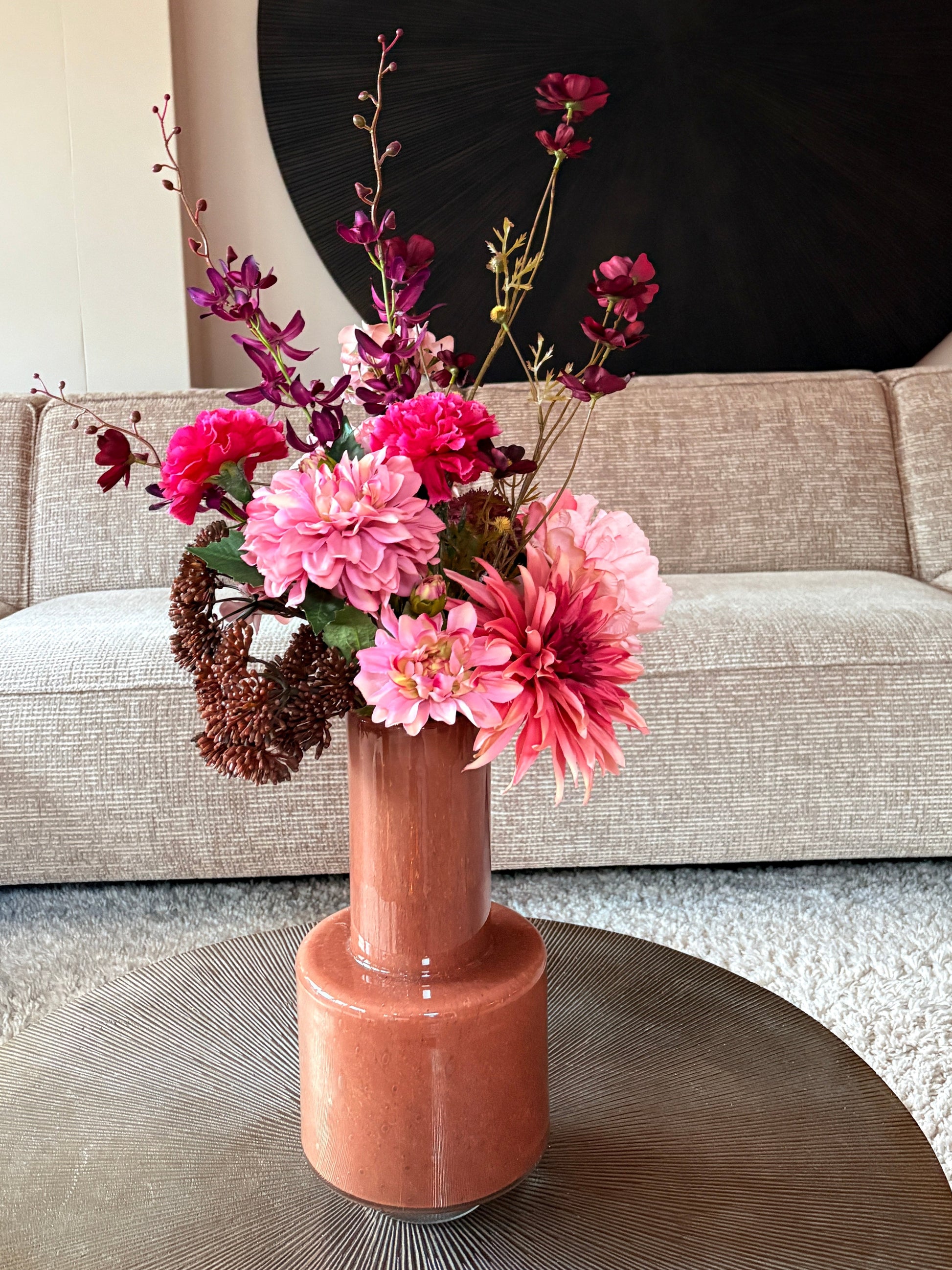 Zijden Boeket Linde met 10 hoogwaardige zijden bleoemen met kleurpalet: roze, paars en bruin